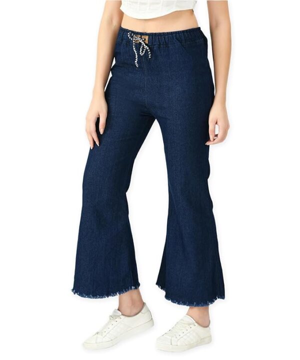 Womens Denim Flared Jogger Jeans Elastic Waist with Drawstring, Relaxed Fit Casual Pants with Multiple Pockets